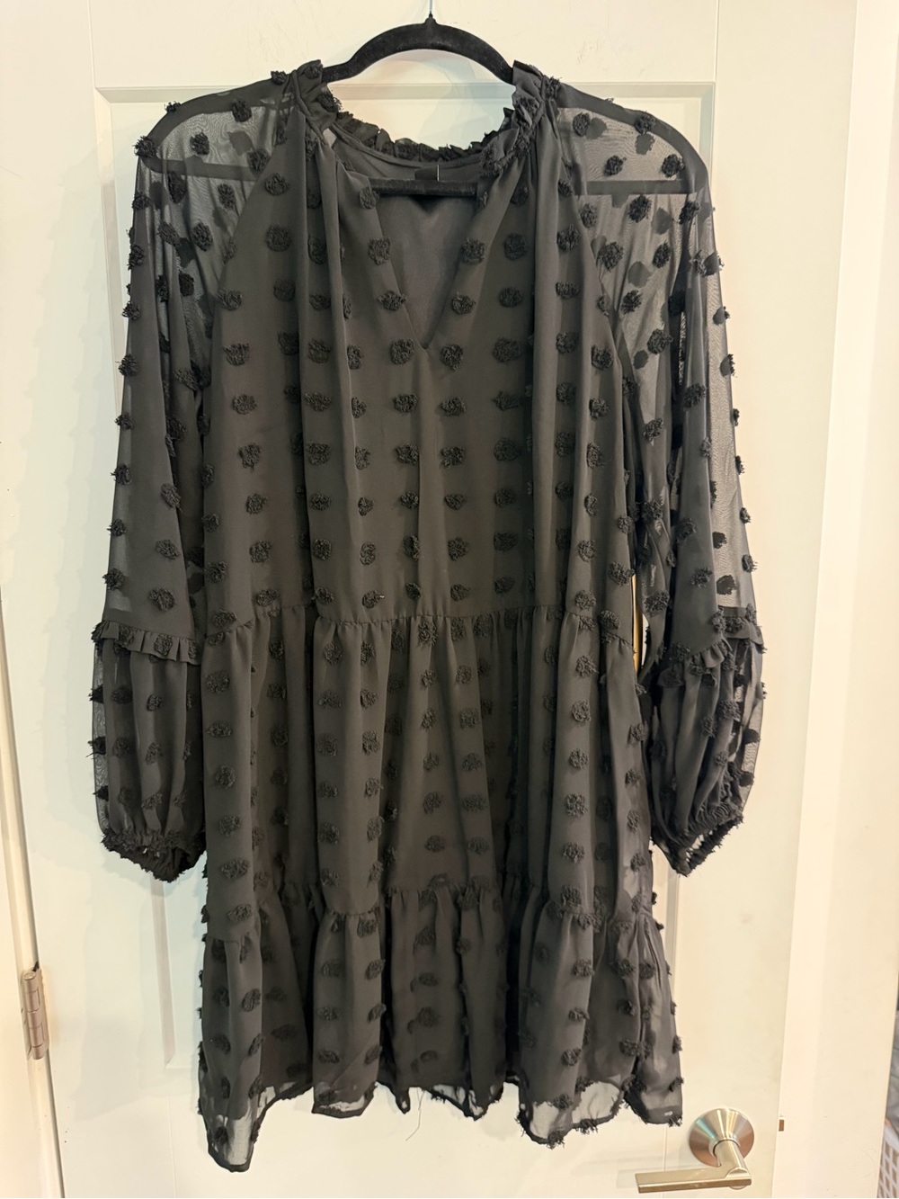 NWT Halogen Sheer Swiss Dot Long Sleeve Tiered Mini Dress - Black size L